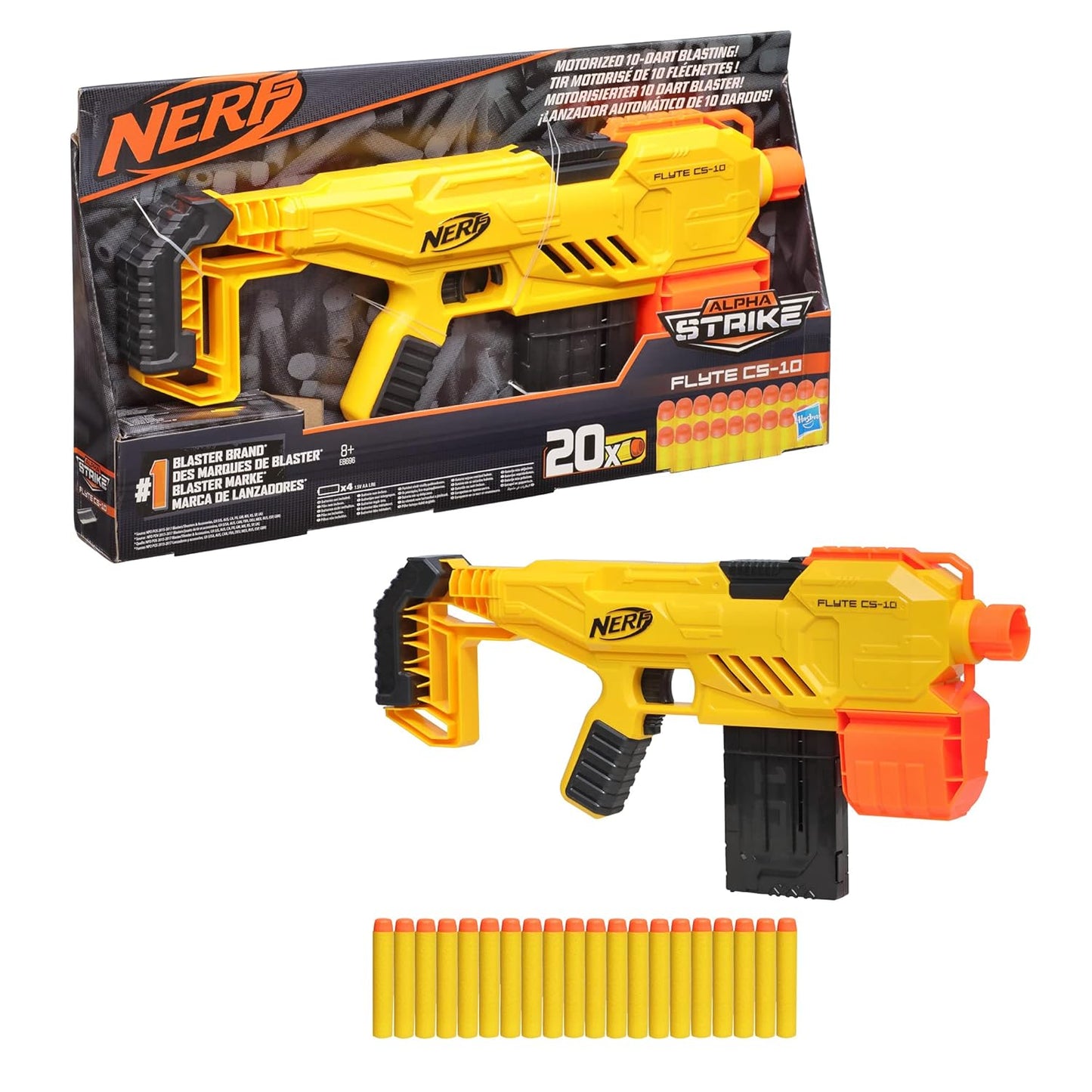 Nerf Alpha Strike Flyte Cs-10 Motorized Blaster, 10-Dart Clip-Fed Blasting, 20 Official Nerf Darts, Toys for Kids, Teens & Adults, Outdoor Toys, Toys for Boys and Girls Ages 8 Years Old and Up
