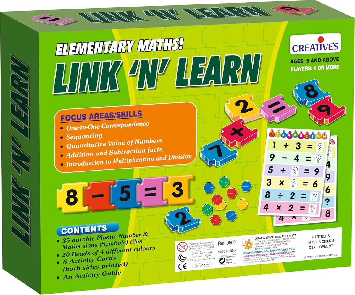 Creative’s Link ’N’ Learn Elementary Maths Game | Number & Maths Learning Toy for Kids | Addition Subtraction Multiplication Division | Educational Game Set | Ages 5+