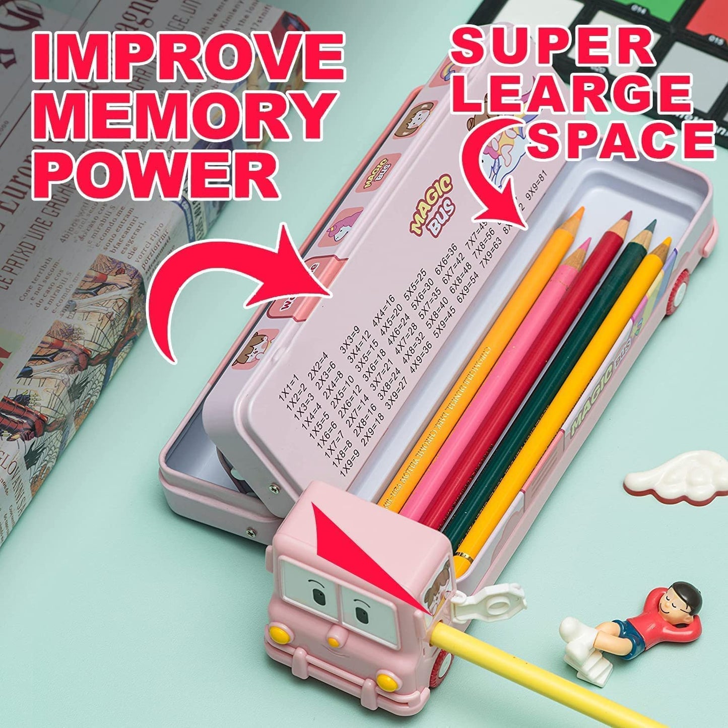 Kiddie Galaxia® Pencil Box Cartoon Printed School Bus Metal Double Decker Bus Shape Pencil Box for Kids with Moving Tyres & 3 Compartments Sharpener Geometry Case for Boys & Girls
