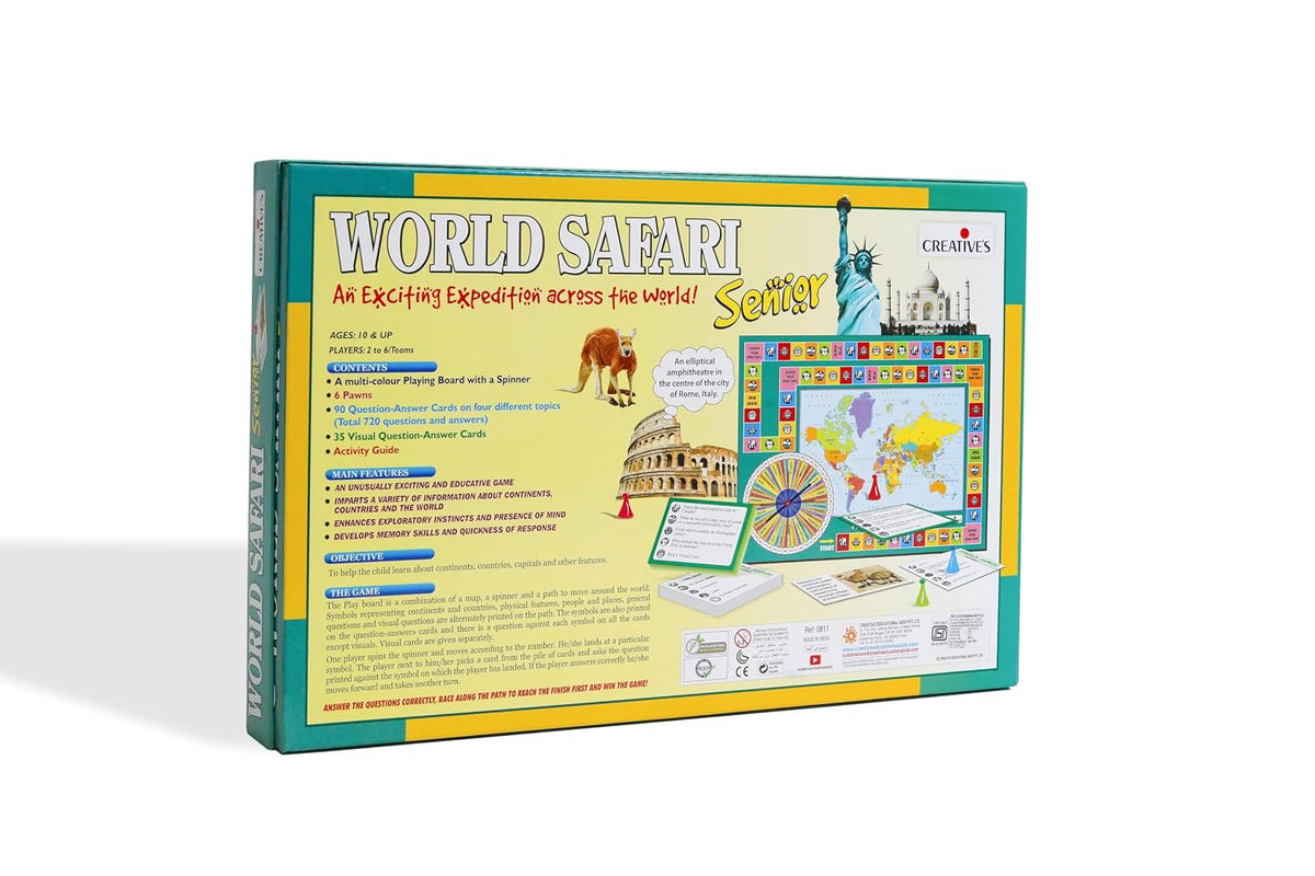 Creative's World Safari Senior| World Geography Learning Game for Kids & Adults| Educational Board Games with World Map, Learn about Countries, Capitals, Continents, GK Quiz, Ages 10+, 2-6 Players