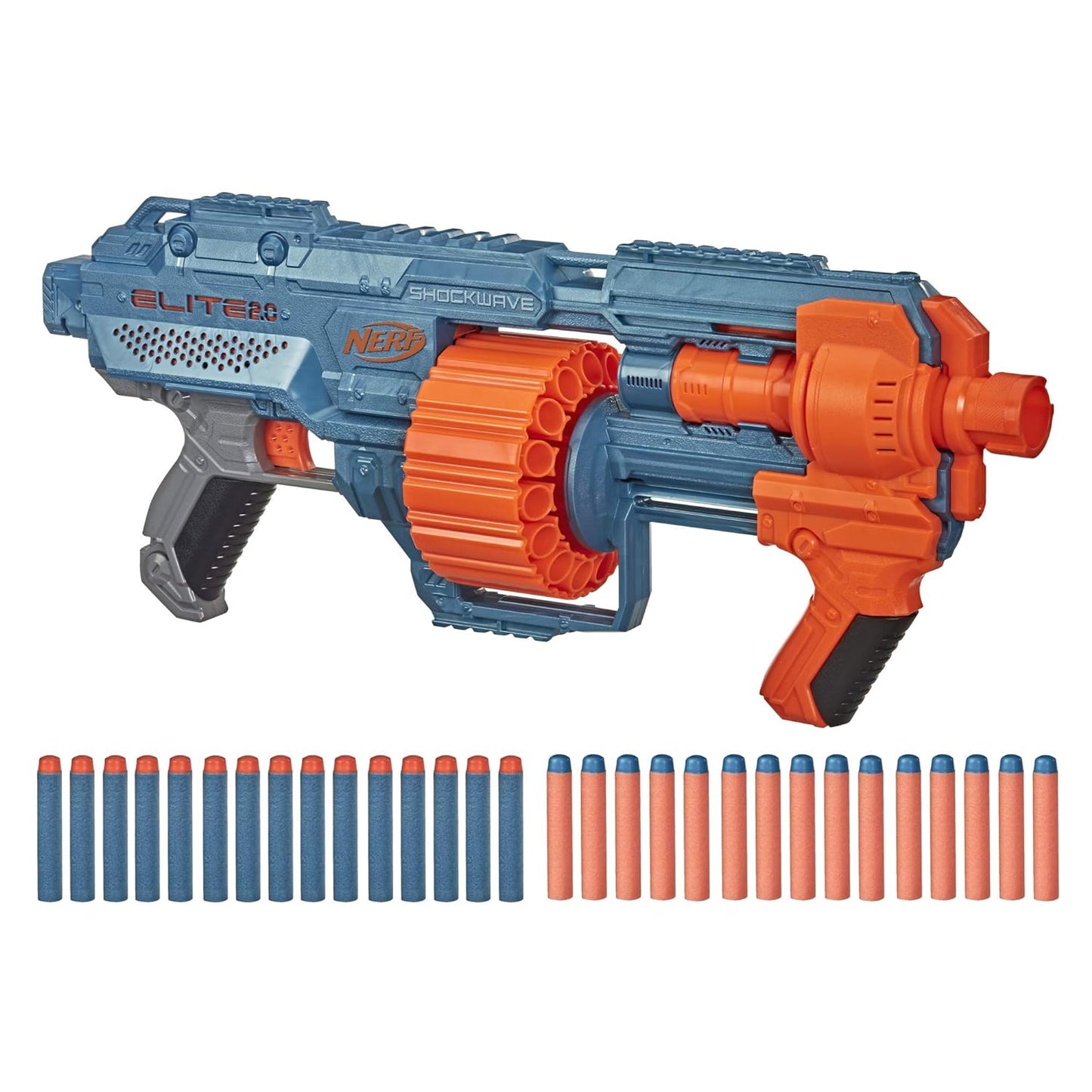 Nerf Elite 2.0 Shockwave RD-15 Toy Blaster, Official 30 Darts, 15-Dart Rotating Drum, Pump-Action, Toys for Kids, Teens, and Adults, Boys and Girls, Outdoor Toys, Multicolor
