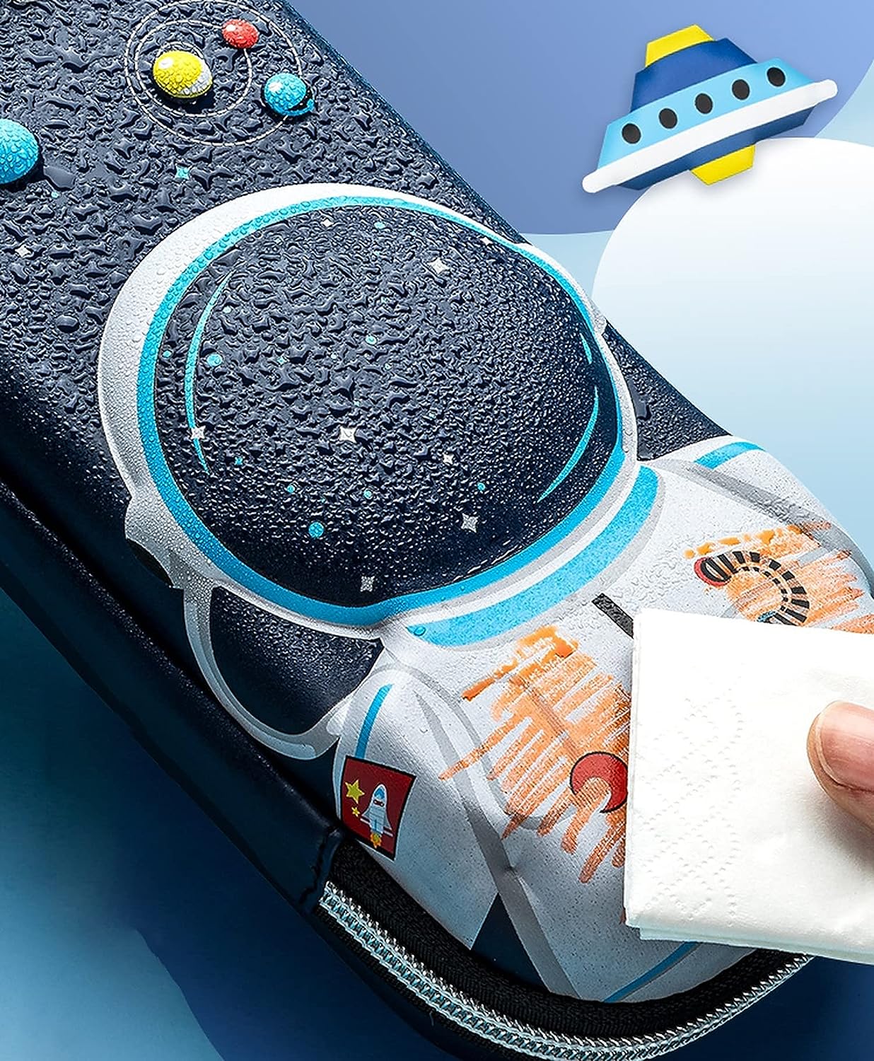 wolpin 1Pc 3D Pencil Case, Large Capacity Pencil Pouch Bag for Boys & Girls Students with Zip Closure Portable Stationery Bag Organizer EVA, Space Blue