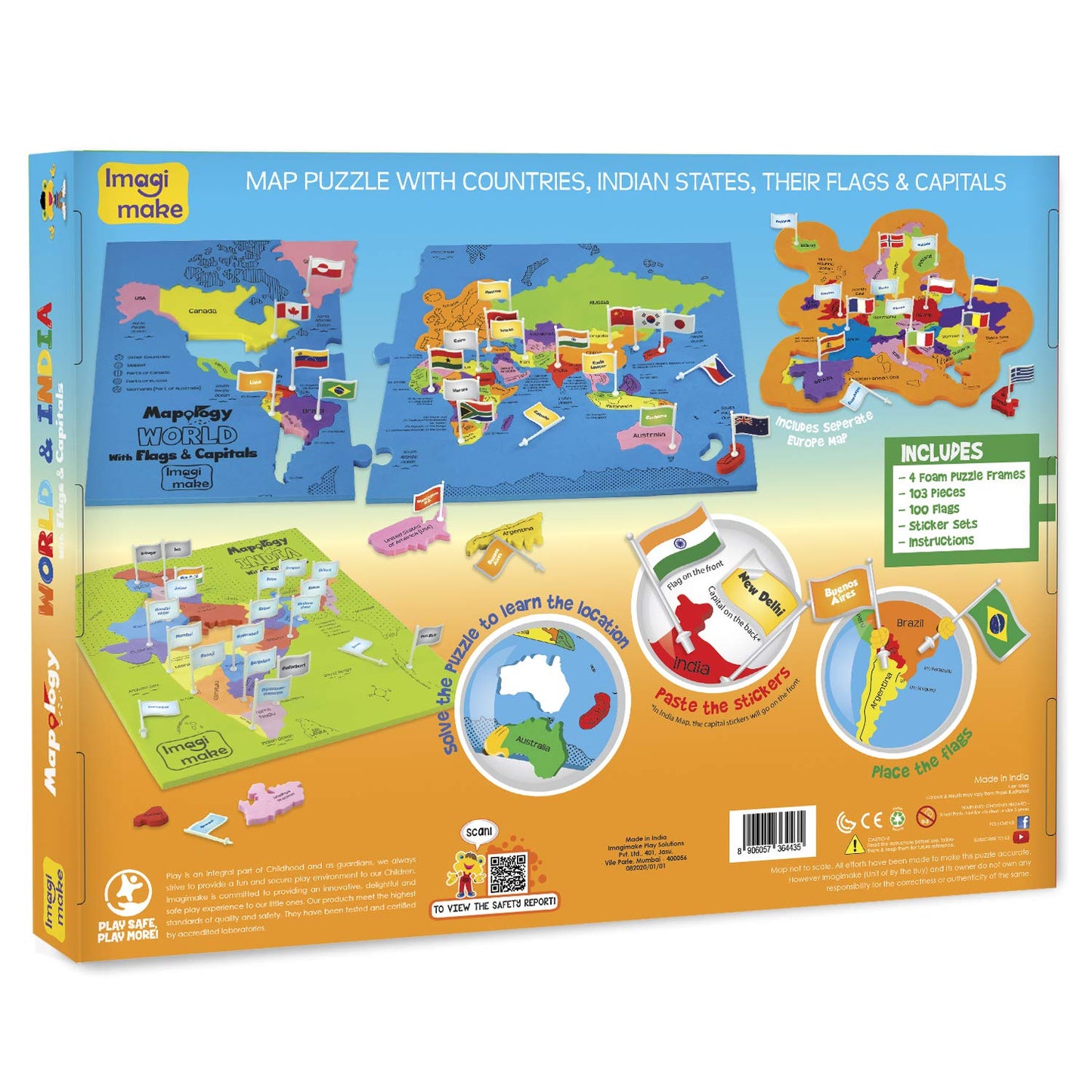 Imagimake: Mapology India and World Maps with Capitals - Learn Capitals and Country Flags - Educational Toy for Kids Above 5 Years, Multicolor