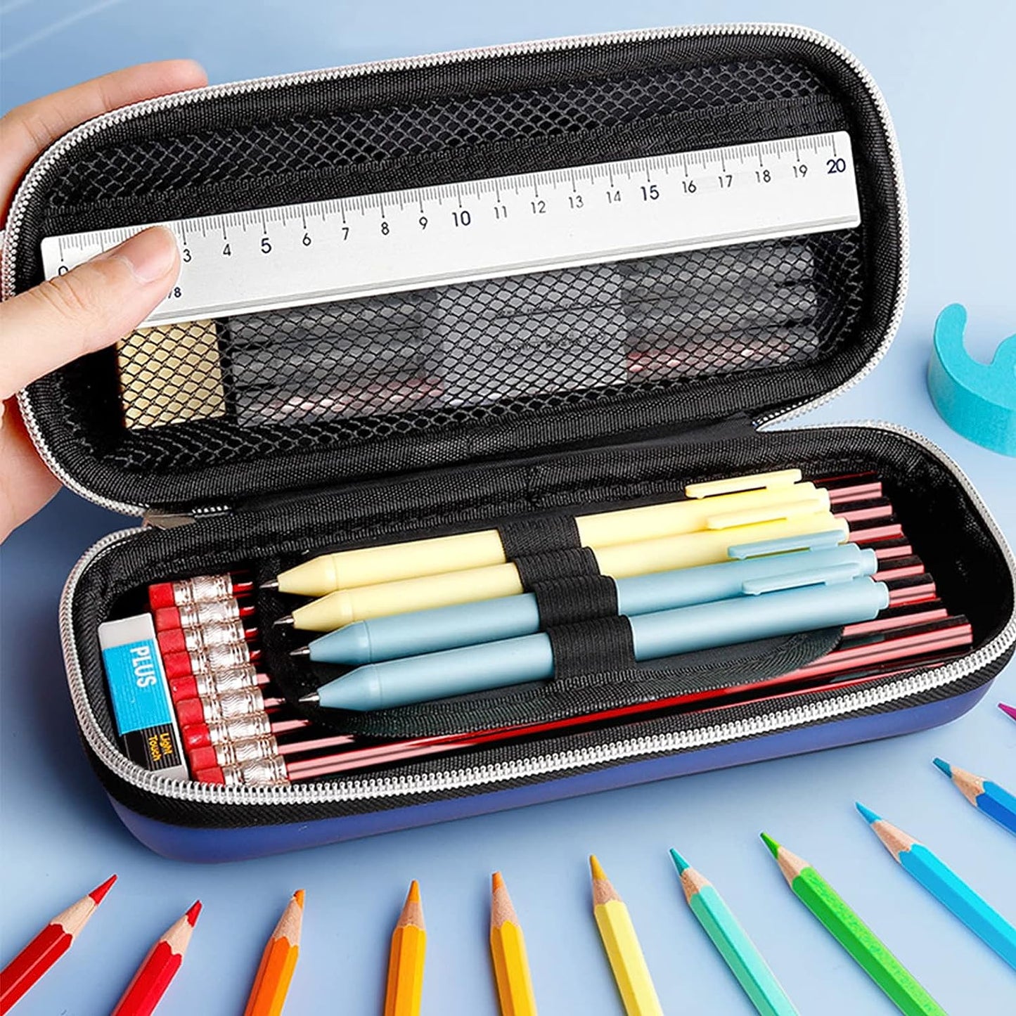 wolpin 1Pc 3D Pencil Case, Large Capacity Pencil Pouch Bag for Boys & Girls Students with Zip Closure Portable Stationery Bag Organizer EVA, Space Blue