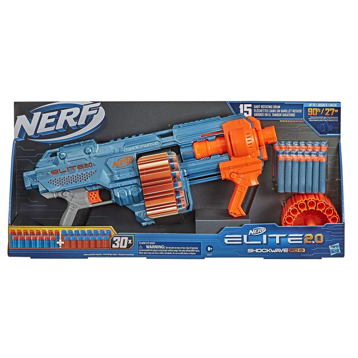 Nerf Elite 2.0 Shockwave RD-15 Toy Blaster, Official 30 Darts, 15-Dart Rotating Drum, Pump-Action, Toys for Kids, Teens, and Adults, Boys and Girls, Outdoor Toys, Multicolor