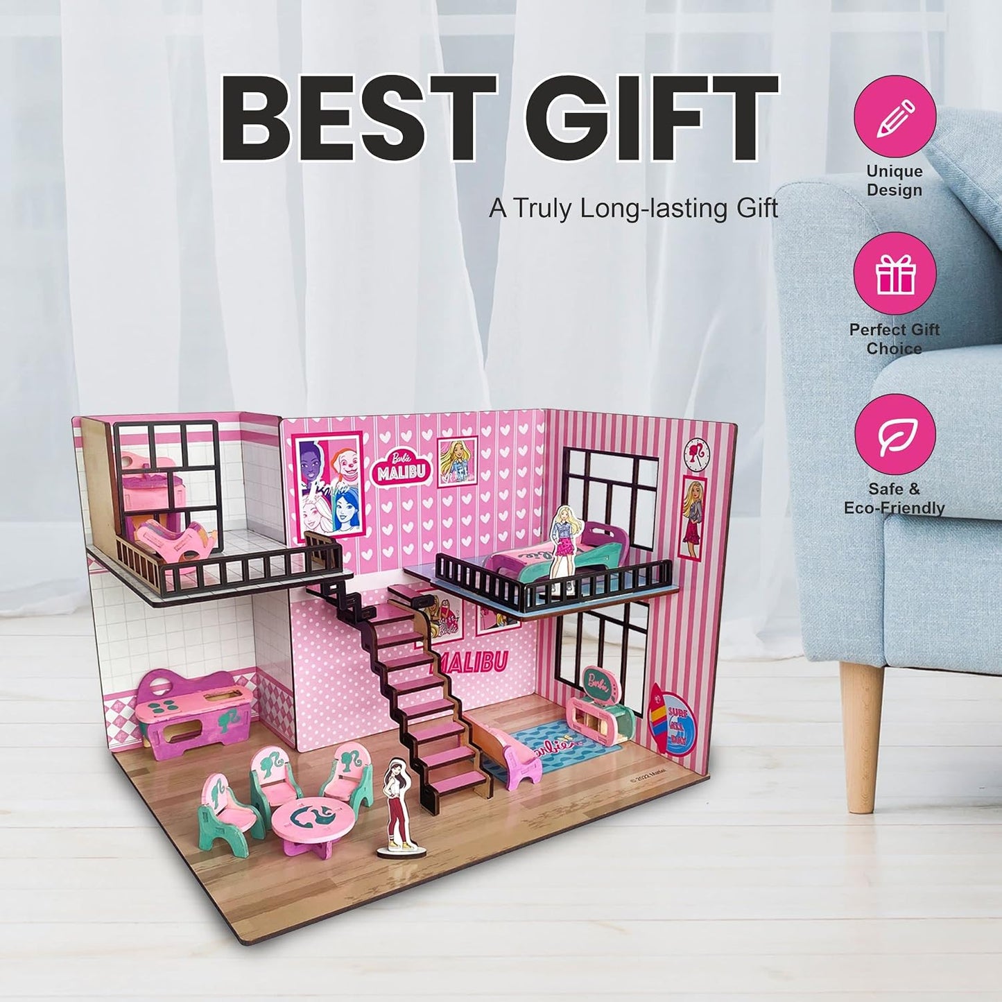 Barbie Malibu Doll House for Girls and Boys, DIY Paint Wooden Doll House Toy with Furniture for Kids