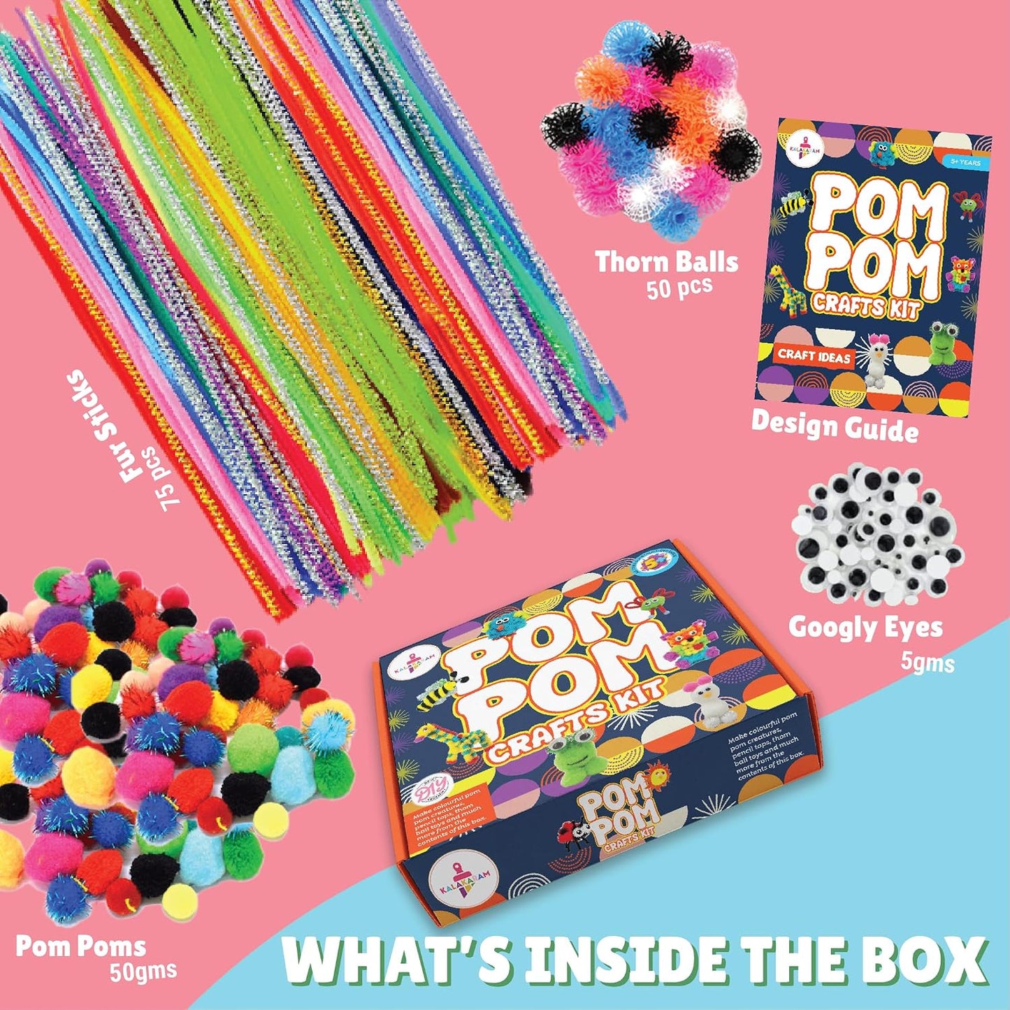 Kalakaram Pom Pom Crafts किट, बच्चों के लिए DIY फन एक्टिविटी, बच्चों के लिए DIY हॉबी क्राफ्ट्स, बच्चों के लिए DIY हॉबी क्राफ्ट्स, पोम पोम एक्टिविटी किट, बच्चों के लिए मल्टी कलर, आर्ट क्राफ्ट किट, 270