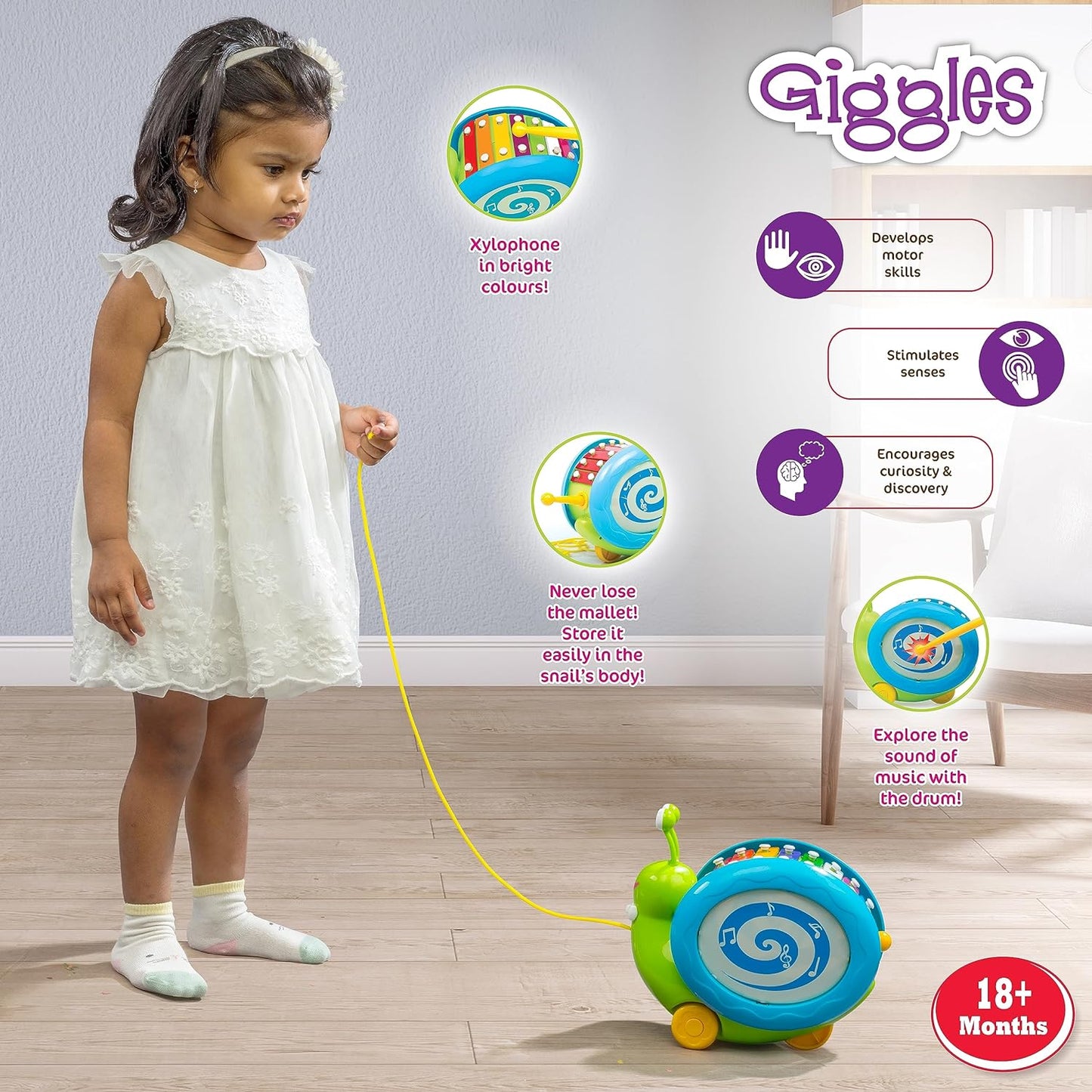 Giggles - 3 In 1 Pull Along Musical Snail, Xylophone, Drum And Walking Preschool Toys (12 Months & Above, Infant, Multicolour) (0 pieces)