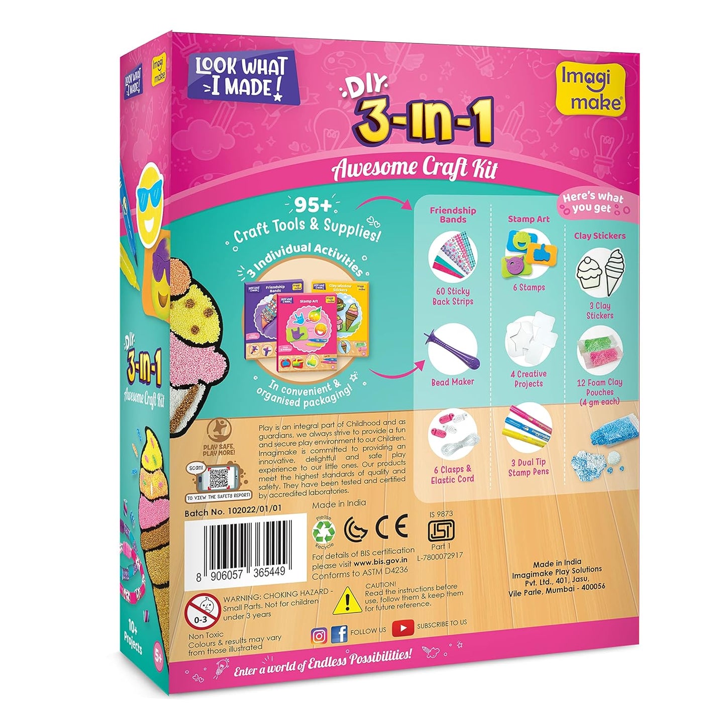 Imagimake 3-in-1 Awesome Craft Kit - Kids Arts and Crafts - Arts and Crafts for Kids Ages 6-8 - Air Dry Clay, Paper Quilling Kit, Stamp for Kids - Gifts for 5, 6, 7, 8 Year Old Girls( Multi)