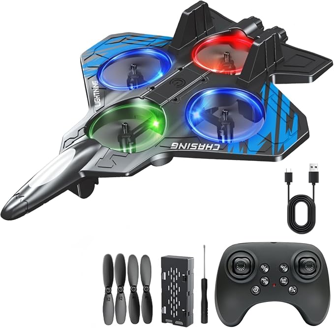 A-VARR Fighter Plane RC Jet | 2.4GHz Remote Control Airplane | Easy-to-Fly Stable Jet for Kids | LED Lights, 360° Hover, Stunt Rolls (Blue/Red)