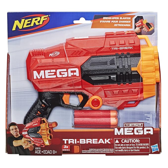 Nerf Mega Tri-Break Blaster - Break Open Barrel to Load Darts - 3-Dart Capacity - Includes 3 Official Mega Darts, Multicolor