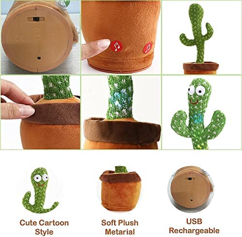 VEBETO Dancing Cactus Toy Kids (1 Year Brand Warranty) Talking Singing Wriggle Children Plush Electronic Toys Baby Voice Recording Repeats What You Say LED Lights Gift