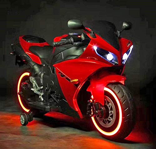SRECAP R1 Sports Ride on Bike for Kids with 12V Battery Operated/Music System/Working Lights/Training Wheels Red