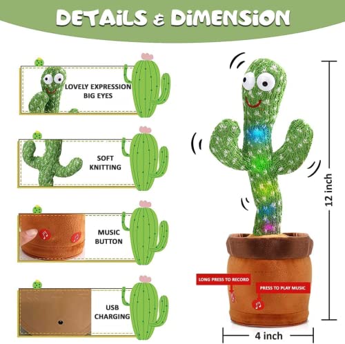 VEBETO Dancing Cactus Toy Kids (1 Year Brand Warranty) Talking Singing Wriggle Children Plush Electronic Toys Baby Voice Recording Repeats What You Say LED Lights Gift
