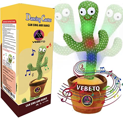 VEBETO Dancing Cactus Toy Kids (1 Year Brand Warranty) Talking Singing Wriggle Children Plush Electronic Toys Baby Voice Recording Repeats What You Say LED Lights Gift