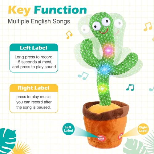 VEBETO Dancing Cactus Toy Kids (1 Year Brand Warranty) Talking Singing Wriggle Children Plush Electronic Toys Baby Voice Recording Repeats What You Say LED Lights Gift