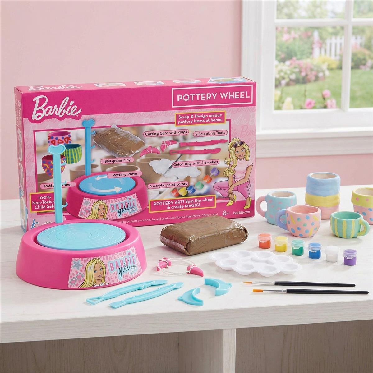 Mattel Barbie Theme Pottery Wheel - Complete DIY Clay Art & Craft Kit with 800g Clay, Sculpting Tools & Paints | Motorized Pottery Making Set for Kids 8+ | Creative & Educational Gift for Girls