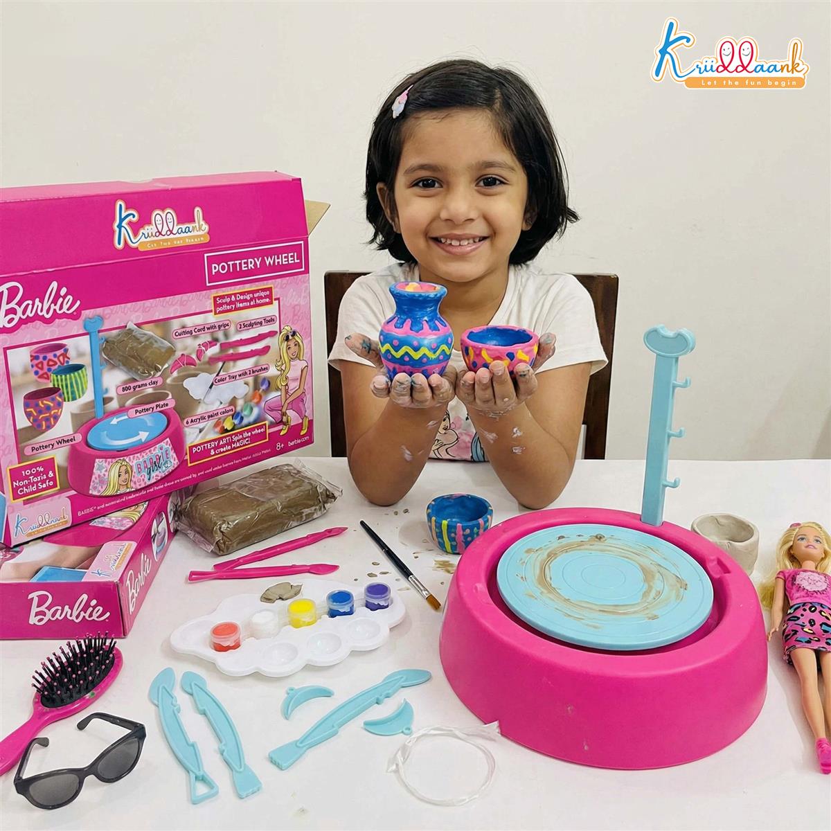Mattel Barbie Theme Pottery Wheel - Complete DIY Clay Art & Craft Kit with 800g Clay, Sculpting Tools & Paints | Motorized Pottery Making Set for Kids 8+ | Creative & Educational Gift for Girls