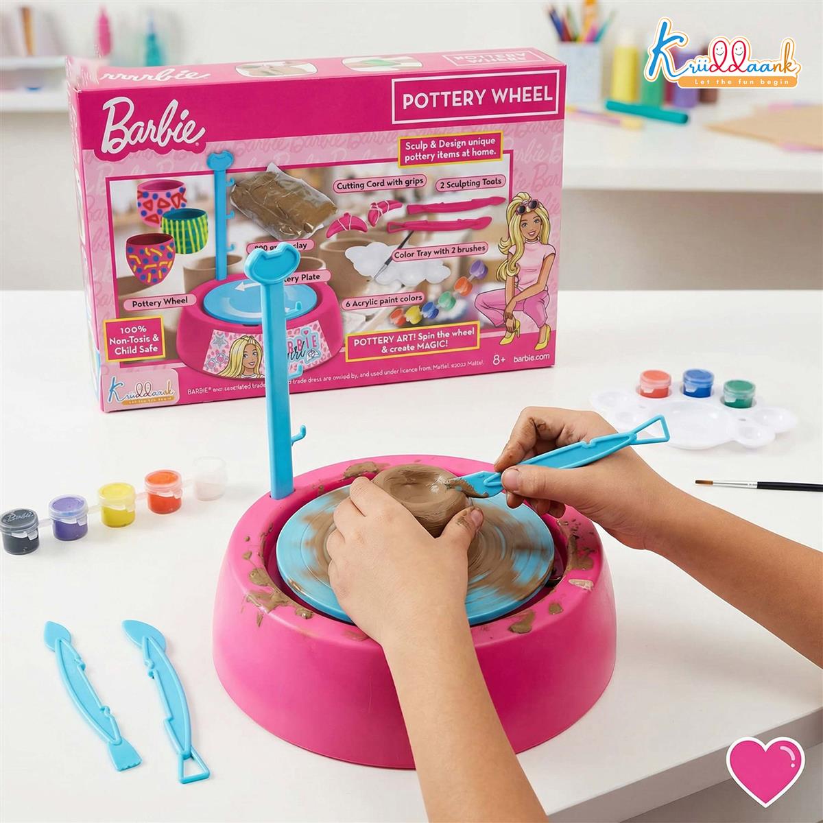 Mattel Barbie Theme Pottery Wheel - Complete DIY Clay Art & Craft Kit with 800g Clay, Sculpting Tools & Paints | Motorized Pottery Making Set for Kids 8+ | Creative & Educational Gift for Girls