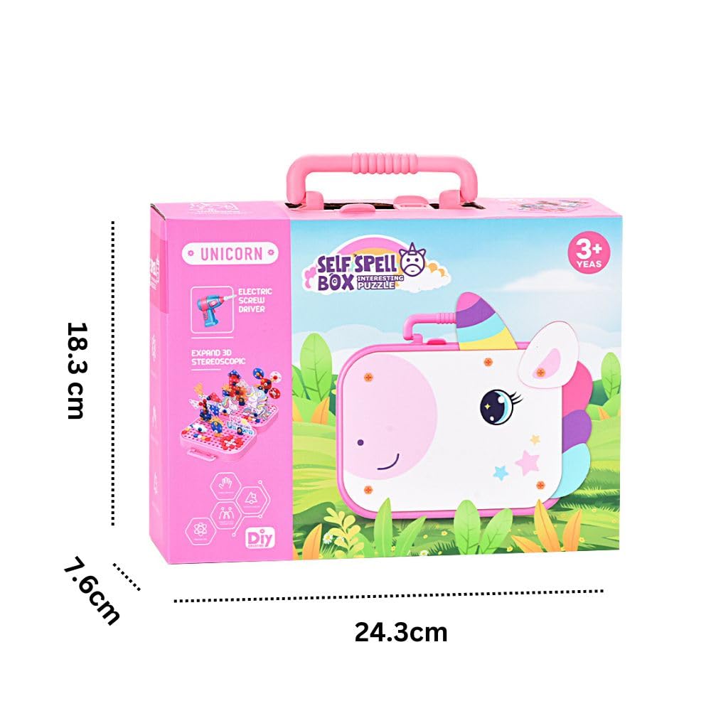 Happy Hues Plastic Diy Electric Drill Screw Tool Set-Mosaic Puzzle 228Pcs- 3D Stem Educational Kit For Kids Construction Blocks And Building Block Kit (Unicorn Design), Pink