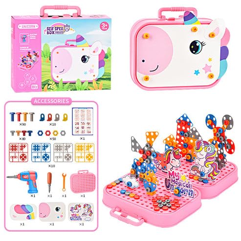 Happy Hues Plastic Diy Electric Drill Screw Tool Set-Mosaic Puzzle 228Pcs- 3D Stem Educational Kit For Kids Construction Blocks And Building Block Kit (Unicorn Design), Pink