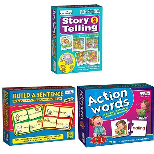 CRE0613 Story Telling 2 Card Game (Multi-Color, 12 Pieces) & CRE0687 Build A Sentence - 1 Card Game (Multi-Color, 60 Pieces) & CRE0642 Action Words Puzzle
