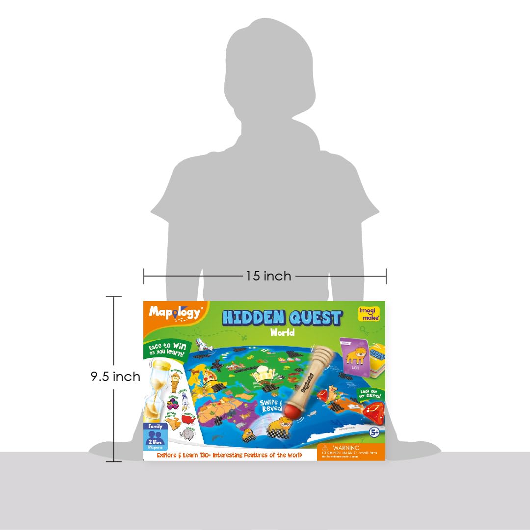 Imagimake Mapology Hidden Quest World Map | Educational Game Age 5+ | World map board game: 110 cards, 40+ swipe & reveal magic patches, super swiper, timer & gems; learn 130+ world features
