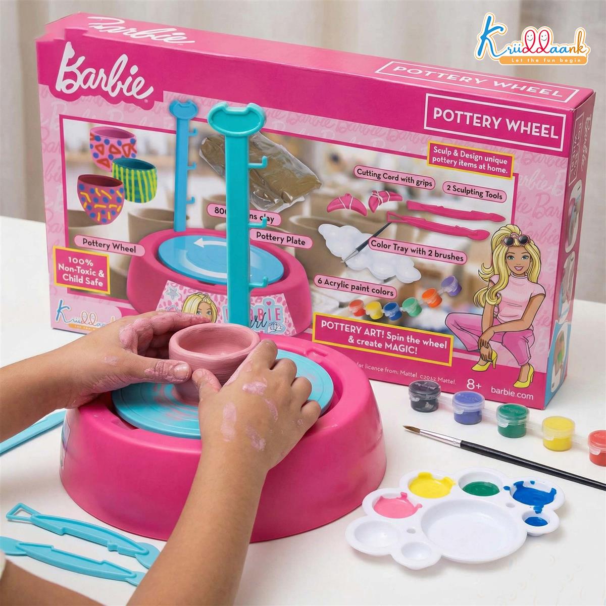 Mattel Barbie Theme Pottery Wheel - Complete DIY Clay Art & Craft Kit with 800g Clay, Sculpting Tools & Paints | Motorized Pottery Making Set for Kids 8+ | Creative & Educational Gift for Girls