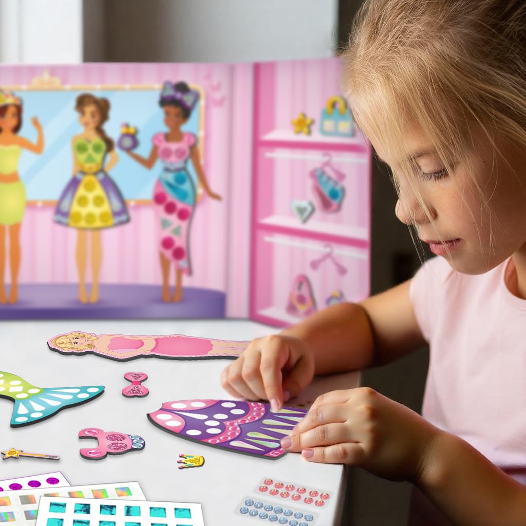 Imagimake DIY Magnetic Dress-Up Princess | Pretend Play for Girls Age 3+ | 10 dresses, 20 accessories, 700+ stickers & stones + bonus magnet doll & studio; mix, match & style endless princess outfits