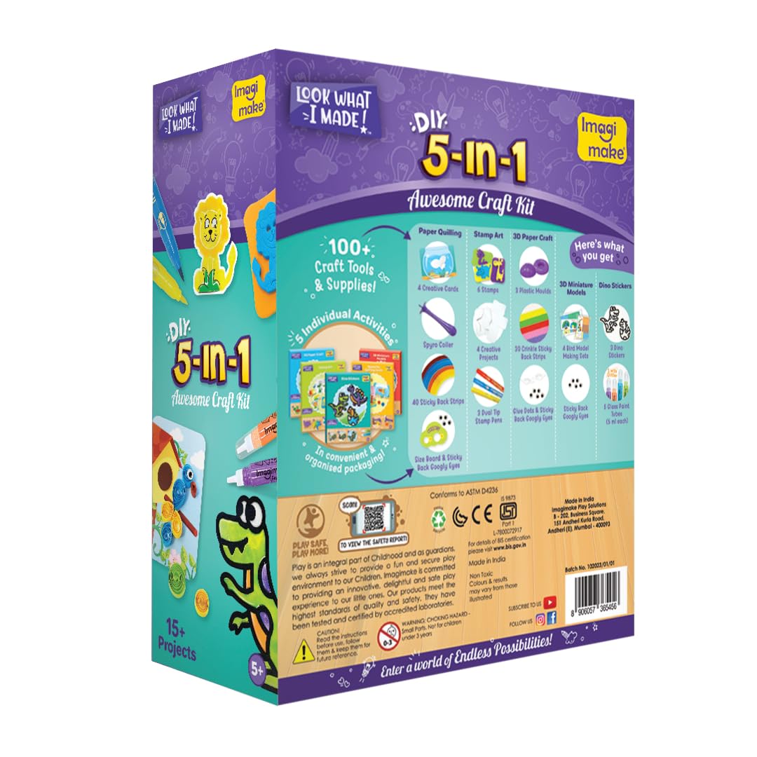 Imagimake 5-in-1 Awesome Craft Kit | Art & Craft Kit for Kids Age 5+ | 5 craft techniques—stamp art, jelly stickers, quilling, 3D paper & model making; 15+ projects, 100+ supplies