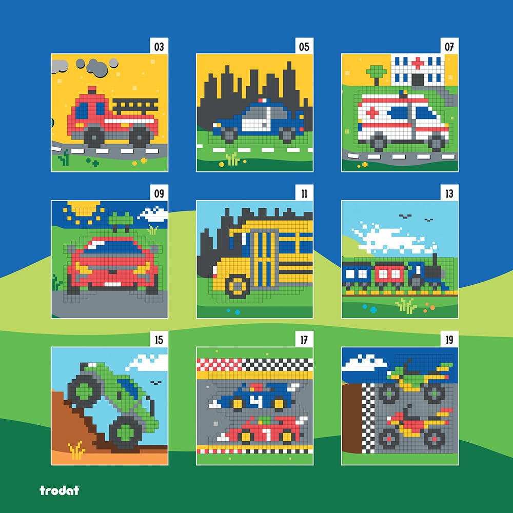 Trodat Pixel Stamp Vehicles, The Combination of Pixel Art and Stamp by Numbers, 1 Coloring Book for Children, 18 Animal templates & 6 Colorful Stamps Blue, Green, Yellow, red, Grey, Black)