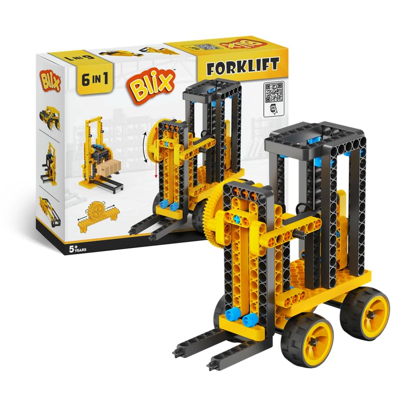 BLIX Forklift Non-Motorized Construction Set, 185 ABS Parts, Learn Rack & Pinion Mechanism, 6-in-1 Educational STEM Toy Kit for Kids Aged 5+