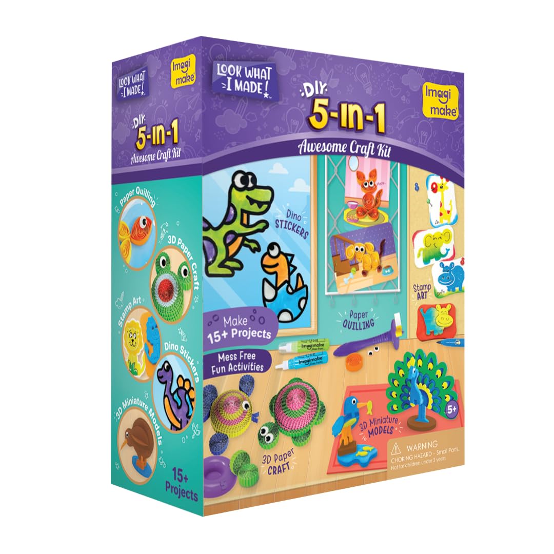 Imagimake 5-in-1 Awesome Craft Kit | Art & Craft Kit for Kids Age 5+ | 5 craft techniques—stamp art, jelly stickers, quilling, 3D paper & model making; 15+ projects, 100+ supplies
