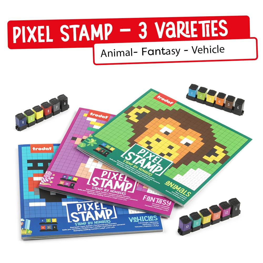 Trodat Pixel Stamp Fantasy, The Combination of Pixel Art and Stamp by Numbers, 1 Coloring Book for Children, 18 Fantasy templates & 6 Colorful Stamps (Purple, Green, Yellow, Orange, Purple, Black)