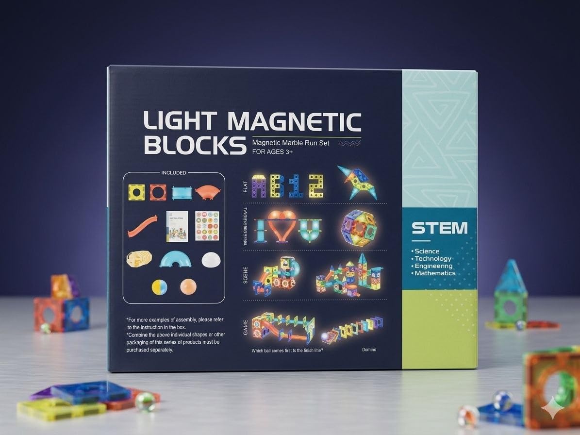34 piece Light Magnetic Tiles- Building Blocks for Kids 3D STEAM Educational Toys, Magnetic Marble Run/Toys for Kids Age 3 +Year Old Boys Girls Creative Gift (34 Pcs Magnetic Tiles)