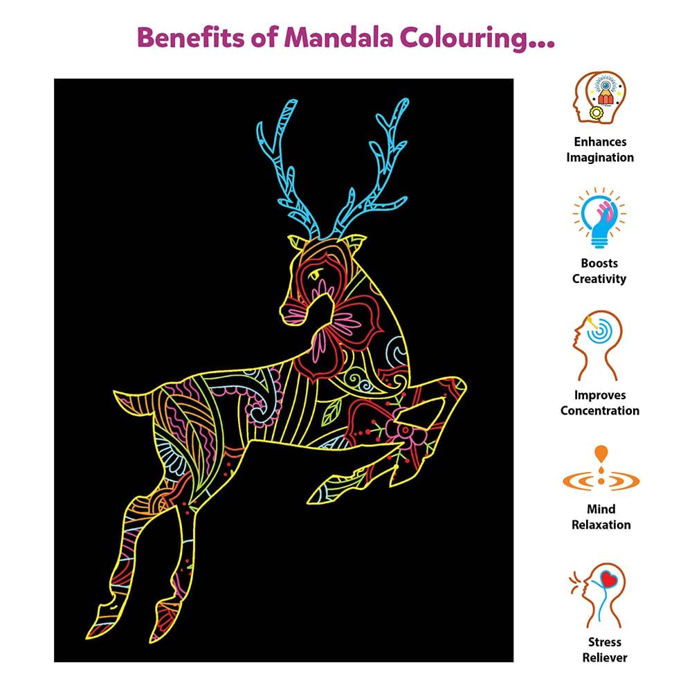 Neon Nature Art Colouring Kit, 24 Big Sheets with 12 Sketch Pens, Ages 5+, Creative Art Set with Glitter Tubes and Board Base