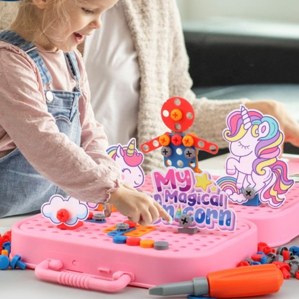 Happy Hues Plastic Diy Electric Drill Screw Tool Set-Mosaic Puzzle 228Pcs- 3D Stem Educational Kit For Kids Construction Blocks And Building Block Kit (Unicorn Design), Pink