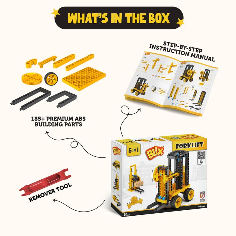 BLIX Forklift Non-Motorized Construction Set, 185 ABS Parts, Learn Rack & Pinion Mechanism, 6-in-1 Educational STEM Toy Kit for Kids Aged 5+