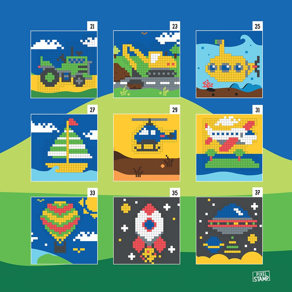 Trodat Pixel Stamp Vehicles, The Combination of Pixel Art and Stamp by Numbers, 1 Coloring Book for Children, 18 Animal templates & 6 Colorful Stamps Blue, Green, Yellow, red, Grey, Black)
