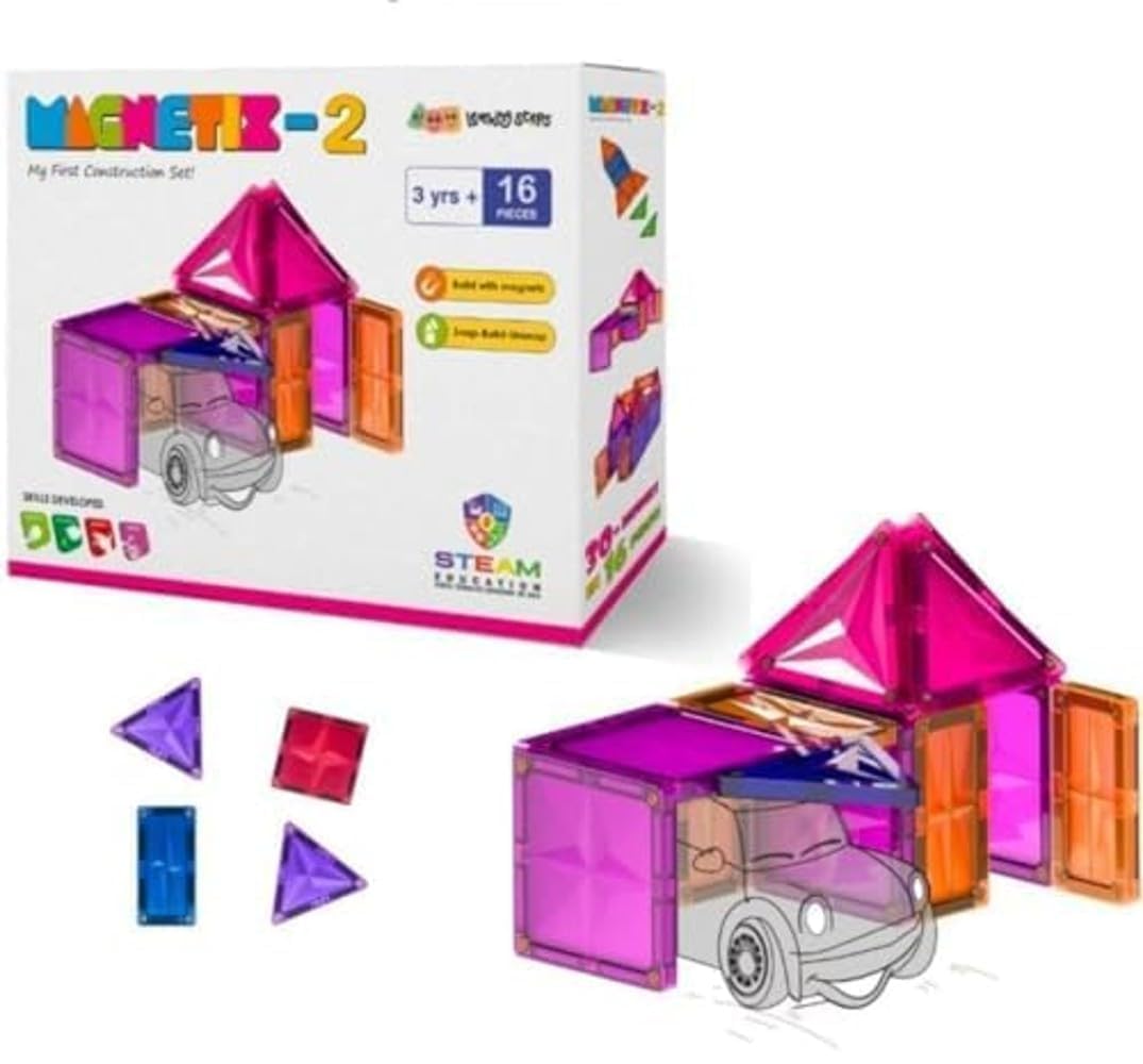Negi Magnetix -2 16 Pieces for Kids Magnetic Construction Pieces | Isometric Triangles | Equilateral Triangles | Squares | Rectangles for to Imagine & Create in 3D for ..