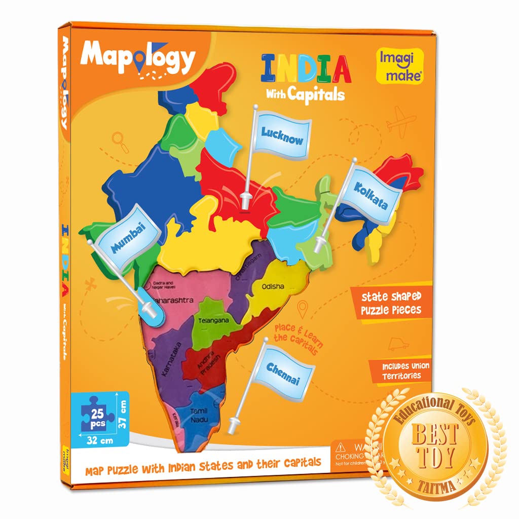 Imagimake Mapology - India Map with Capitals & National Symbols of India, Educational & Learning Aid Kit - Puzzles for Kids for Age 5 Years+, Best Gift for Boys & Girls