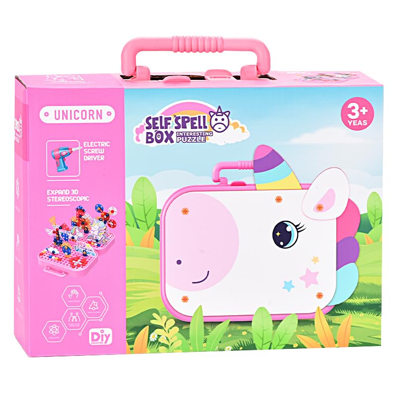 Happy Hues Plastic Diy Electric Drill Screw Tool Set-Mosaic Puzzle 228Pcs- 3D Stem Educational Kit For Kids Construction Blocks And Building Block Kit (Unicorn Design), Pink