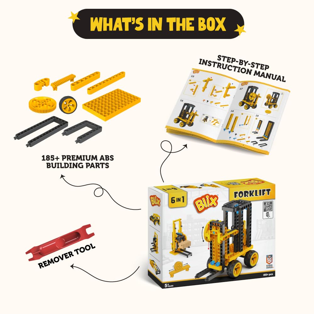 BLIX Forklift Non-Motorized Construction Set, 185 ABS Parts, Learn Rack & Pinion Mechanism, 6-in-1 Educational STEM Toy Kit for Kids Aged 5+
