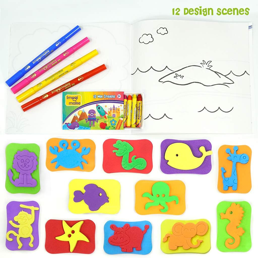 Imagimake Stamp Art Animal Kingdom | Coloring Kit | Kids Age 3+ | 12 reusable animal stamps, 4 dual-tip pens, 12 scenes & 4 templates; stamp, blend & create 16 projects; washable, mess-free