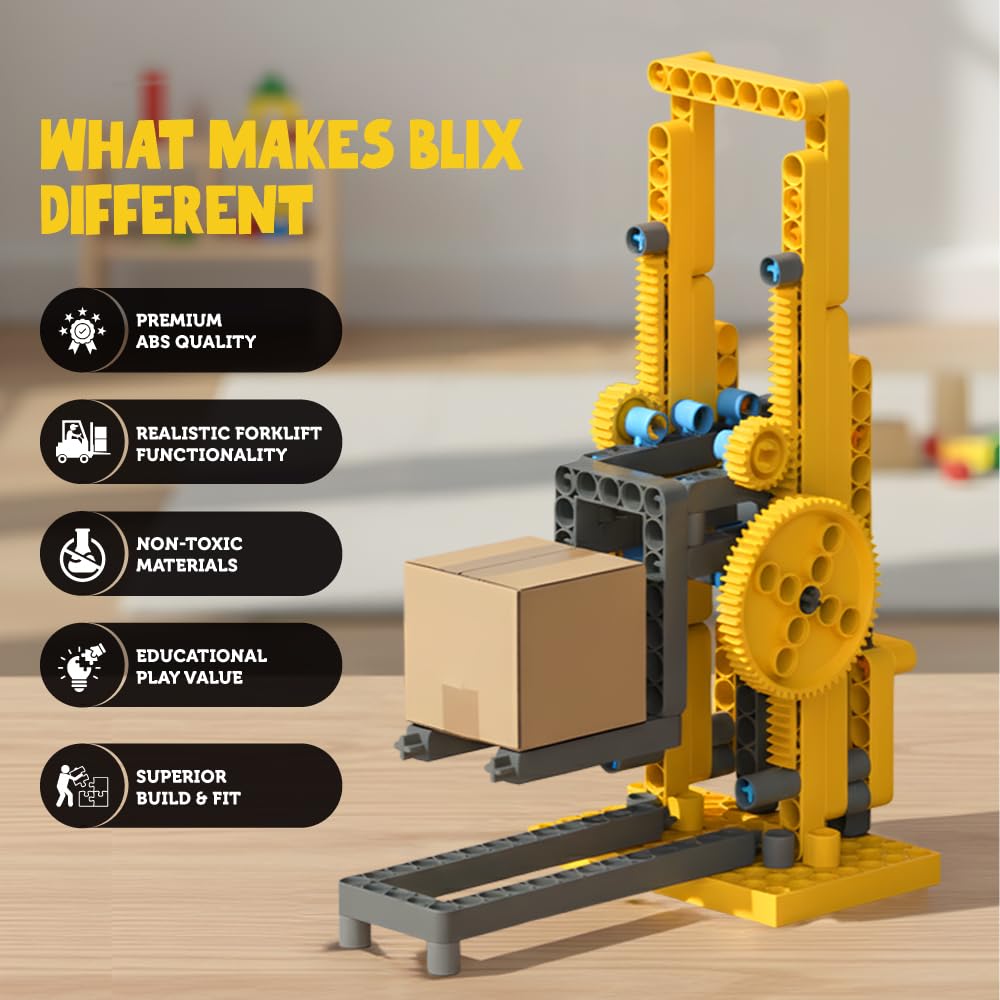 BLIX Forklift Non-Motorized Construction Set, 185 ABS Parts, Learn Rack & Pinion Mechanism, 6-in-1 Educational STEM Toy Kit for Kids Aged 5+