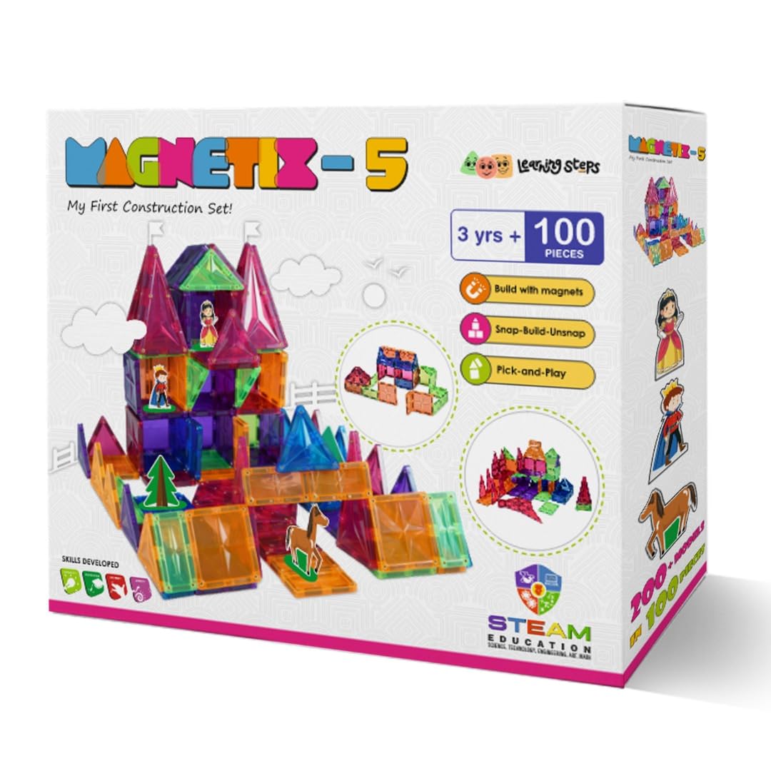 Zephyr Learning Steps - Magnetix-5, Child's First Construction Set, STEAM Educational Toy, Magnetic Construction Set, Magnetic Tiles, Magnetic Building Blocks for Boys and Girls Age 3+ - Pieces: 100