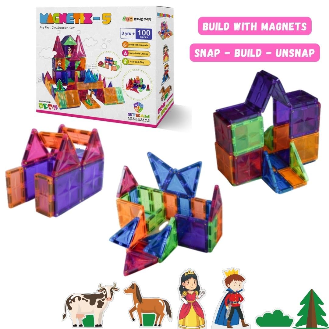 Zephyr Learning Steps - Magnetix-5, Child's First Construction Set, STEAM Educational Toy, Magnetic Construction Set, Magnetic Tiles, Magnetic Building Blocks for Boys and Girls Age 3+ - Pieces: 100