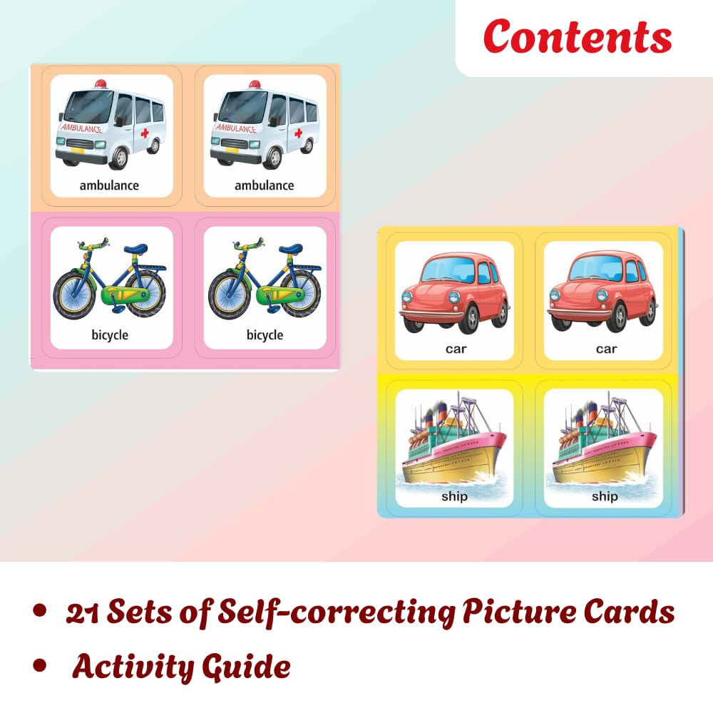 Creative’s Memory & Matching – Means of Transport | 21 Sets Self-Correcting Picture Cards + Activity Guide | Preschool Matching & Memory Card Game | Vocabulary Builder | Ages 3+