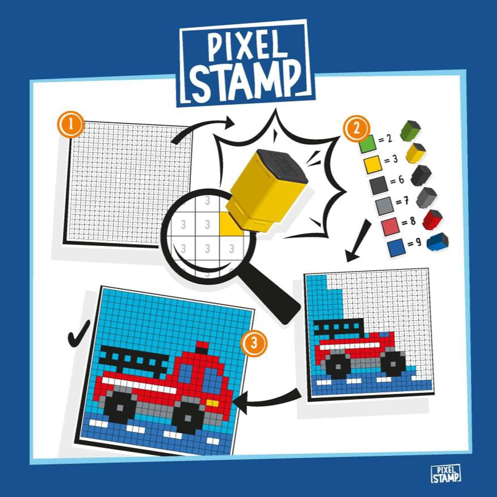 Trodat Pixel Stamp Vehicles, The Combination of Pixel Art and Stamp by Numbers, 1 Coloring Book for Children, 18 Animal templates & 6 Colorful Stamps Blue, Green, Yellow, red, Grey, Black)