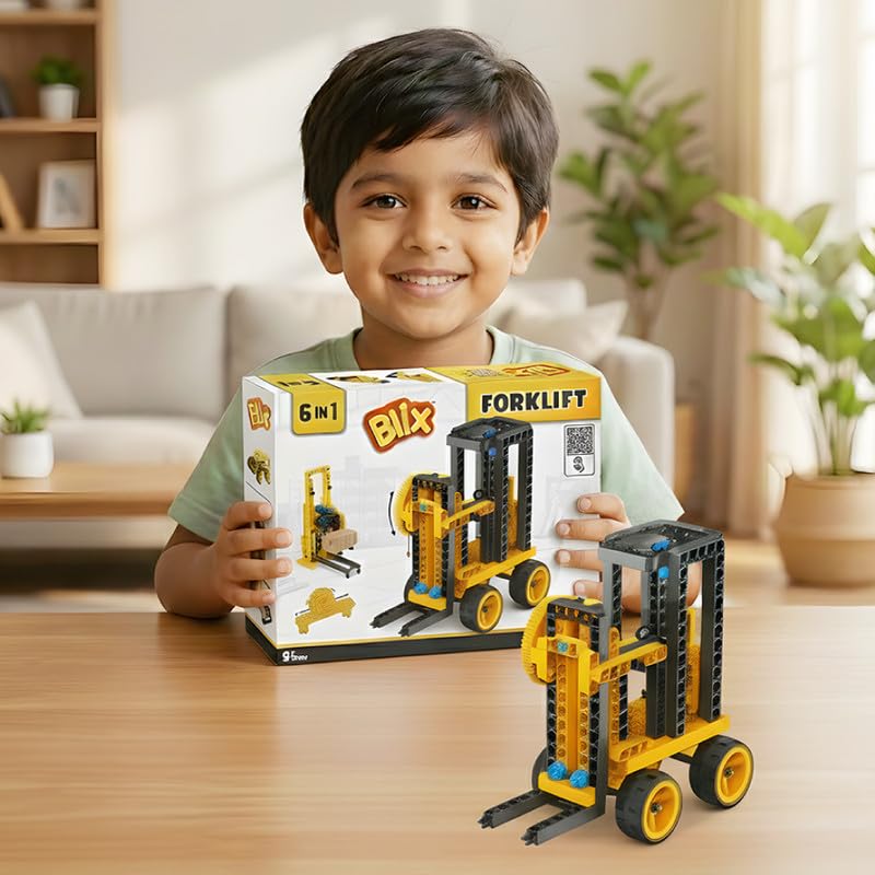 BLIX Forklift Non-Motorized Construction Set, 185 ABS Parts, Learn Rack & Pinion Mechanism, 6-in-1 Educational STEM Toy Kit for Kids Aged 5+